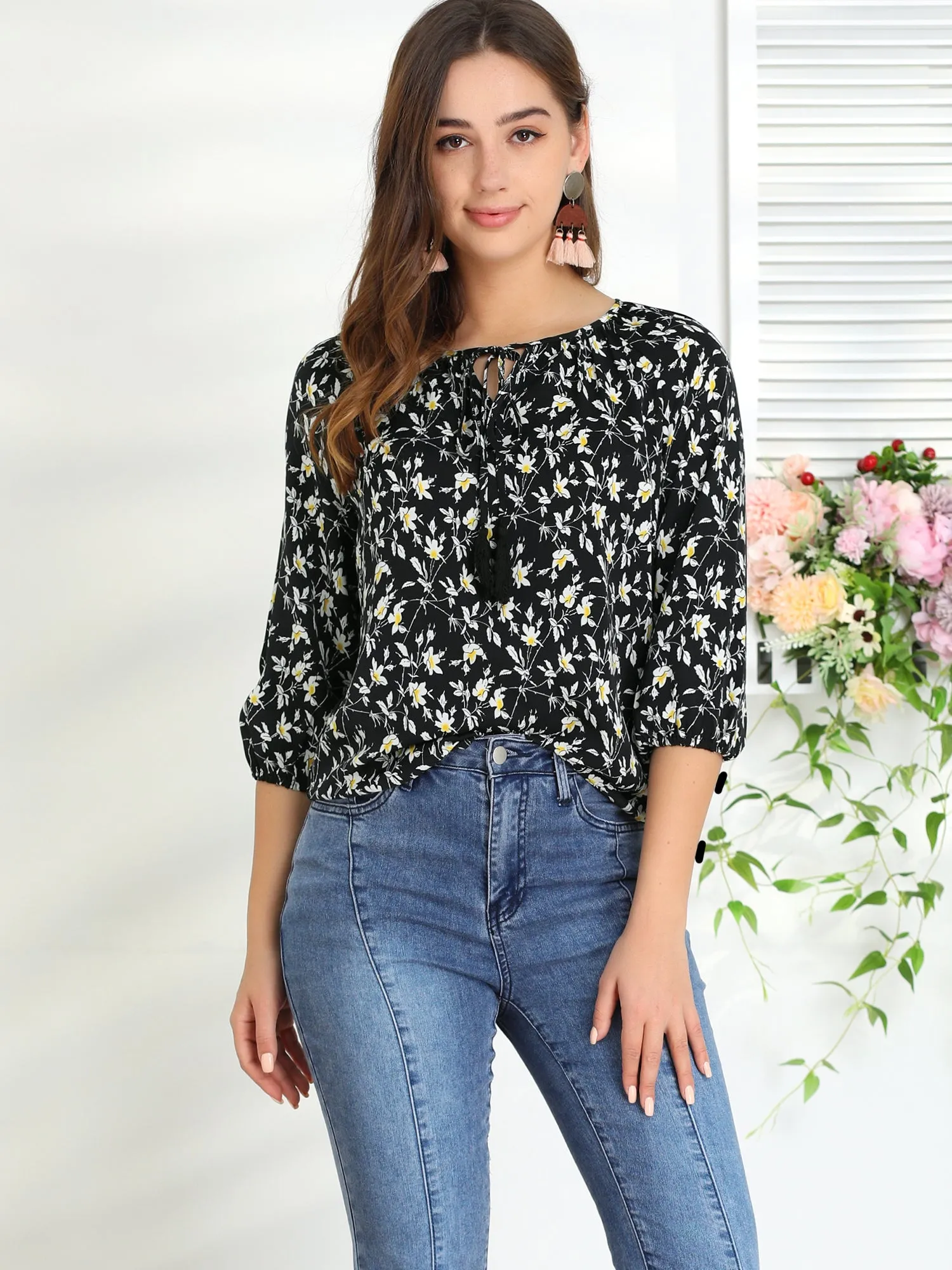 Retro 3/4 Sleeve Keyhole Tie Neck Floral Blouse sold by Allegra K product image thumbnail 3