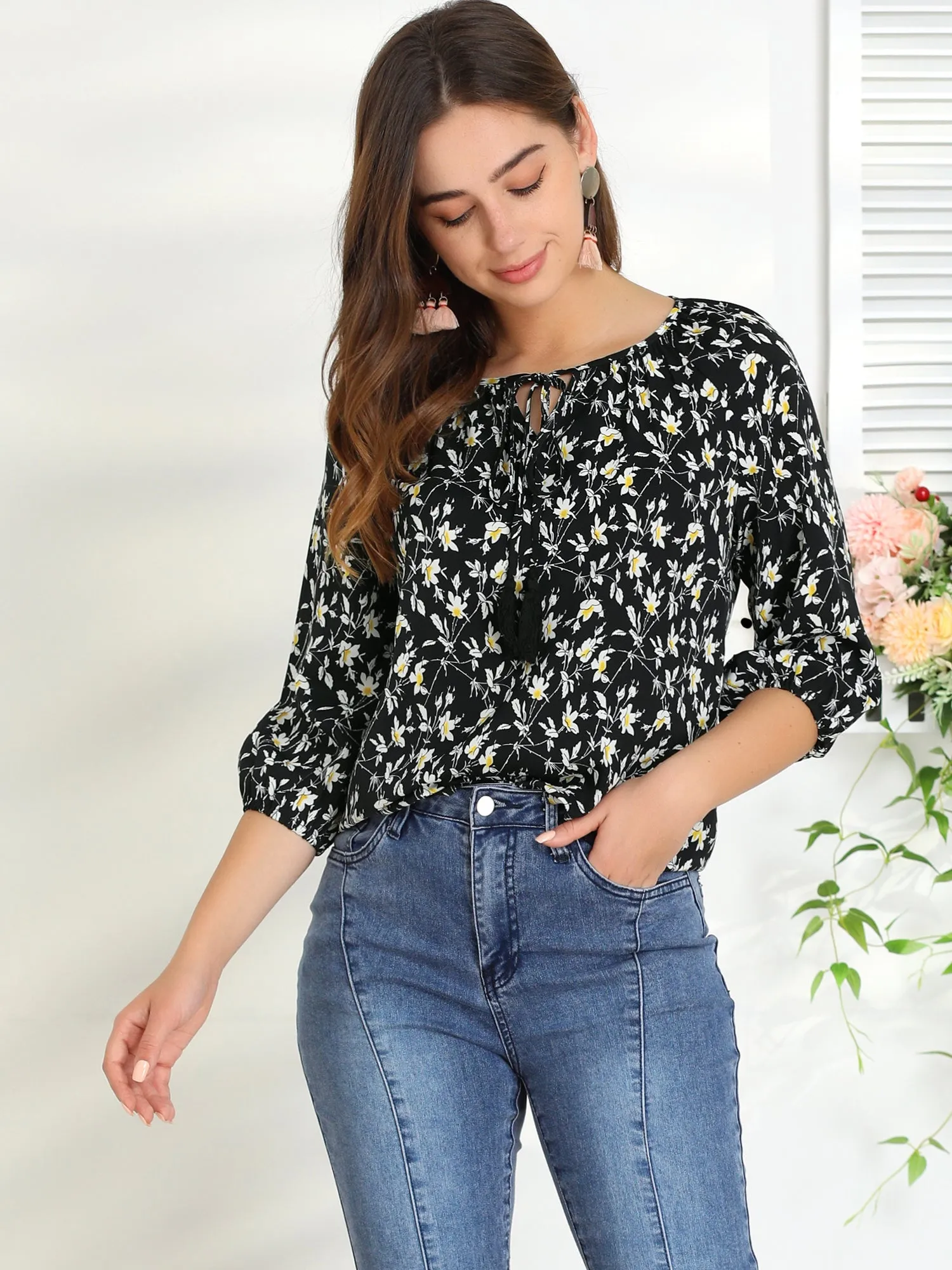 Retro 3/4 Sleeve Keyhole Tie Neck Floral Blouse sold by Allegra K product image thumbnail 2