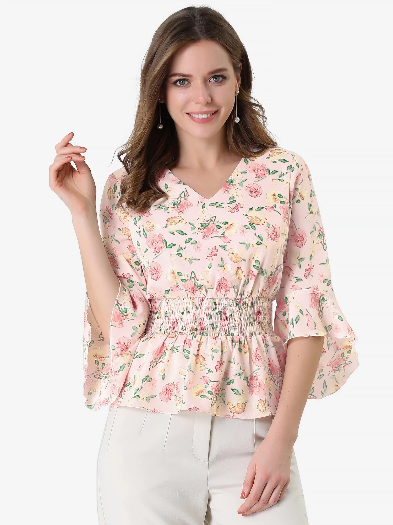 Floral Blouse V-Neck Flare Sleeve Smocked Waist Peplum Top sold by Allegra K