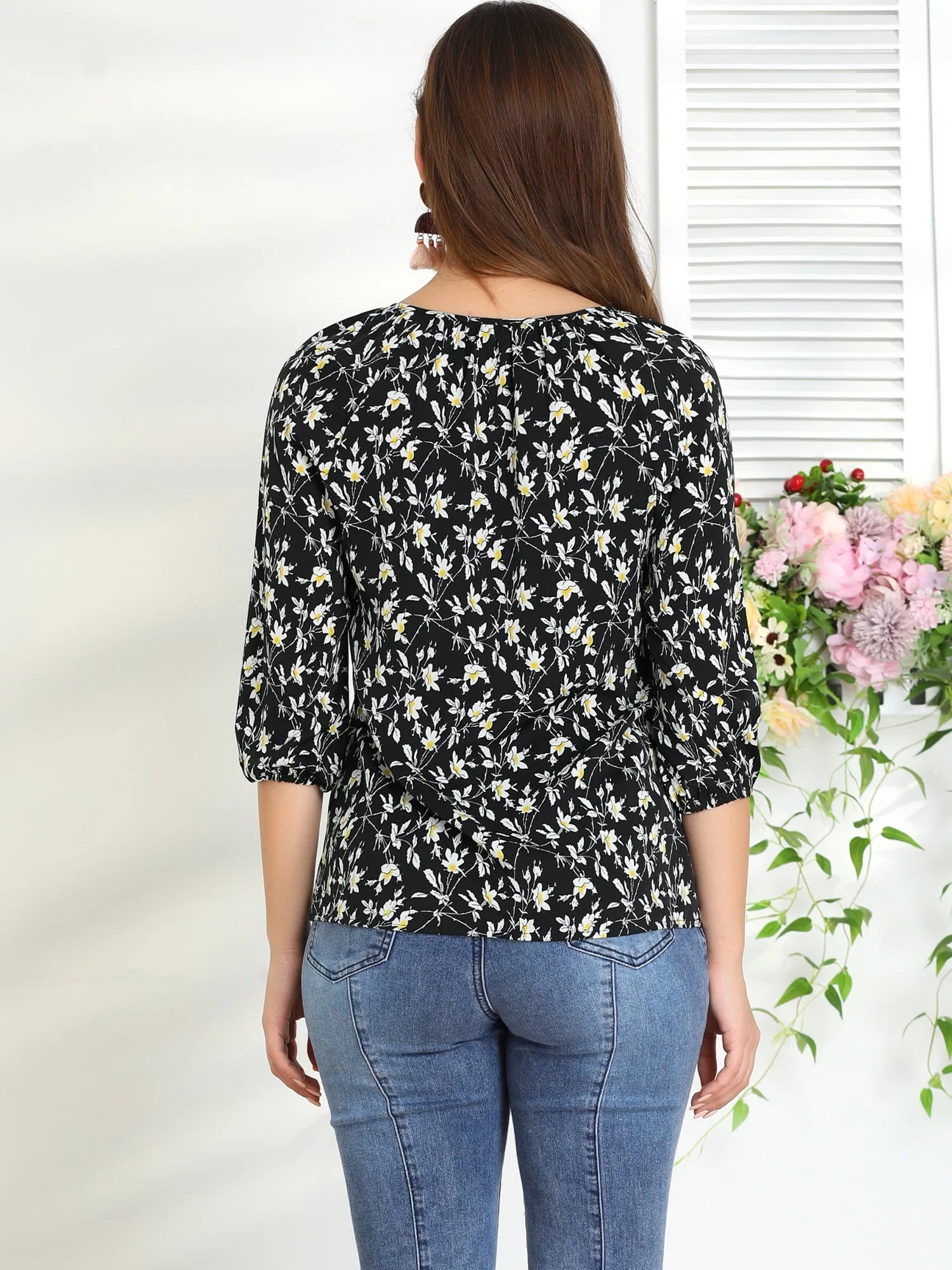 Retro 3/4 Sleeve Keyhole Tie Neck Floral Blouse sold by Allegra K product image thumbnail 5