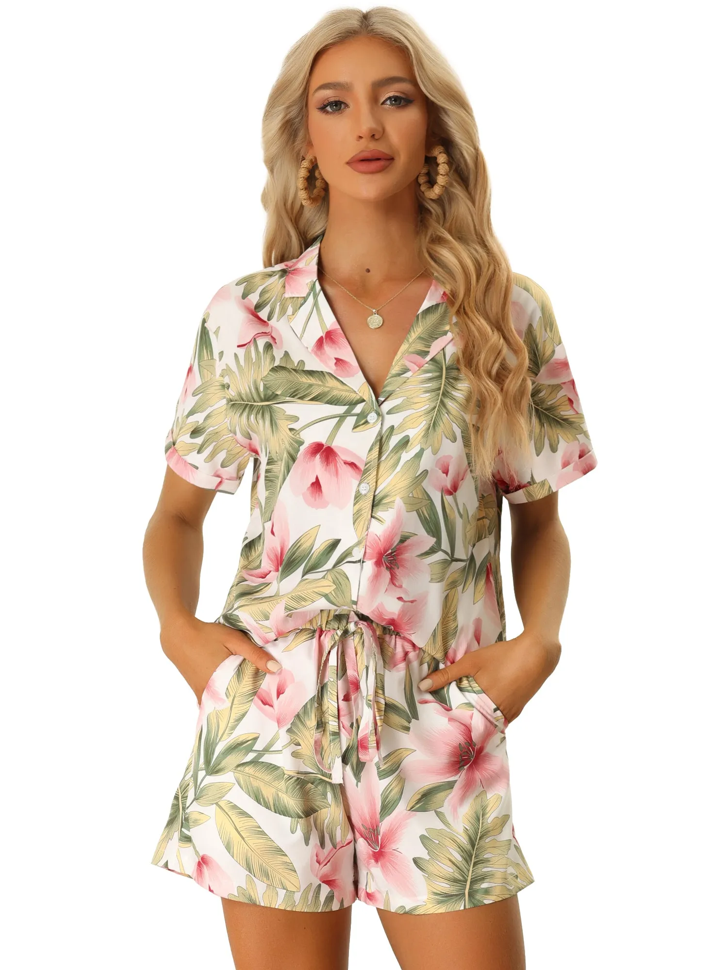 Hawaiian Floral Button Down Shirt Shorts Tropical 2 Pieces Sets sold by Allegra K product image thumbnail 4