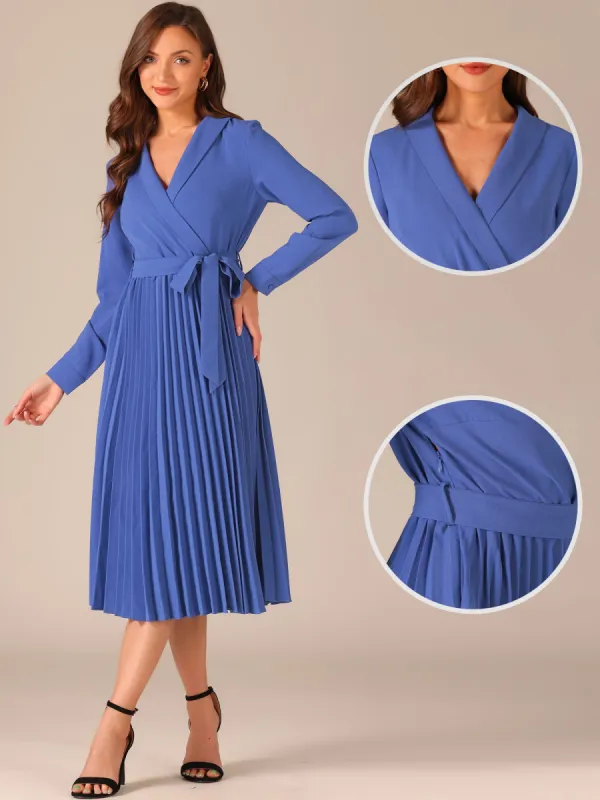 Pleated Shawl Collar Long Sleeves Belted Midi Dress sold by Allegra K