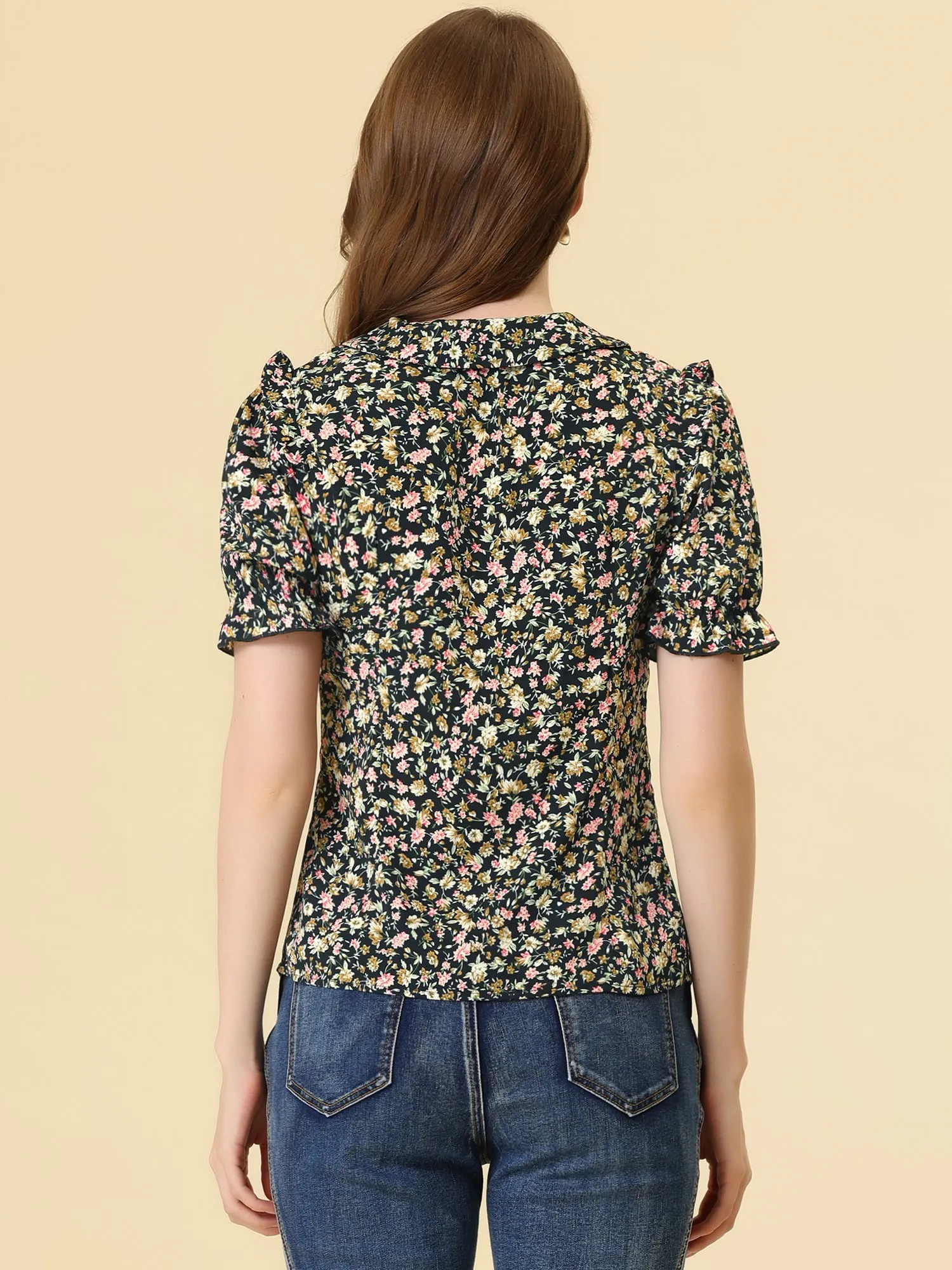 Peter Pan Collar Puff Short Sleeve Ruffle Smocked Floral Blouse sold by Allegra K product image thumbnail 3