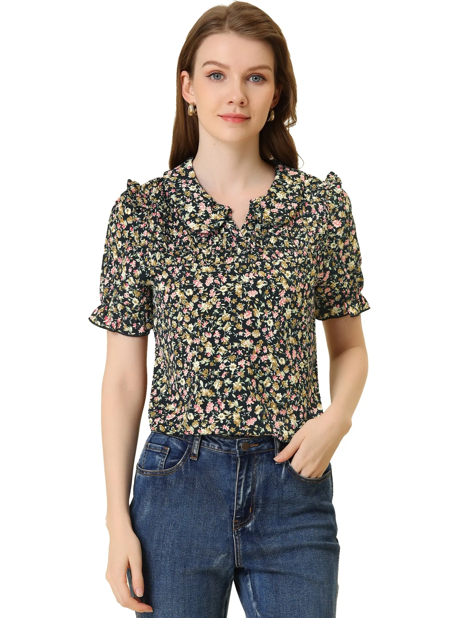Peter Pan Collar Puff Short Sleeve Ruffle Smocked Floral Blouse sold by Allegra K product image thumbnail 5