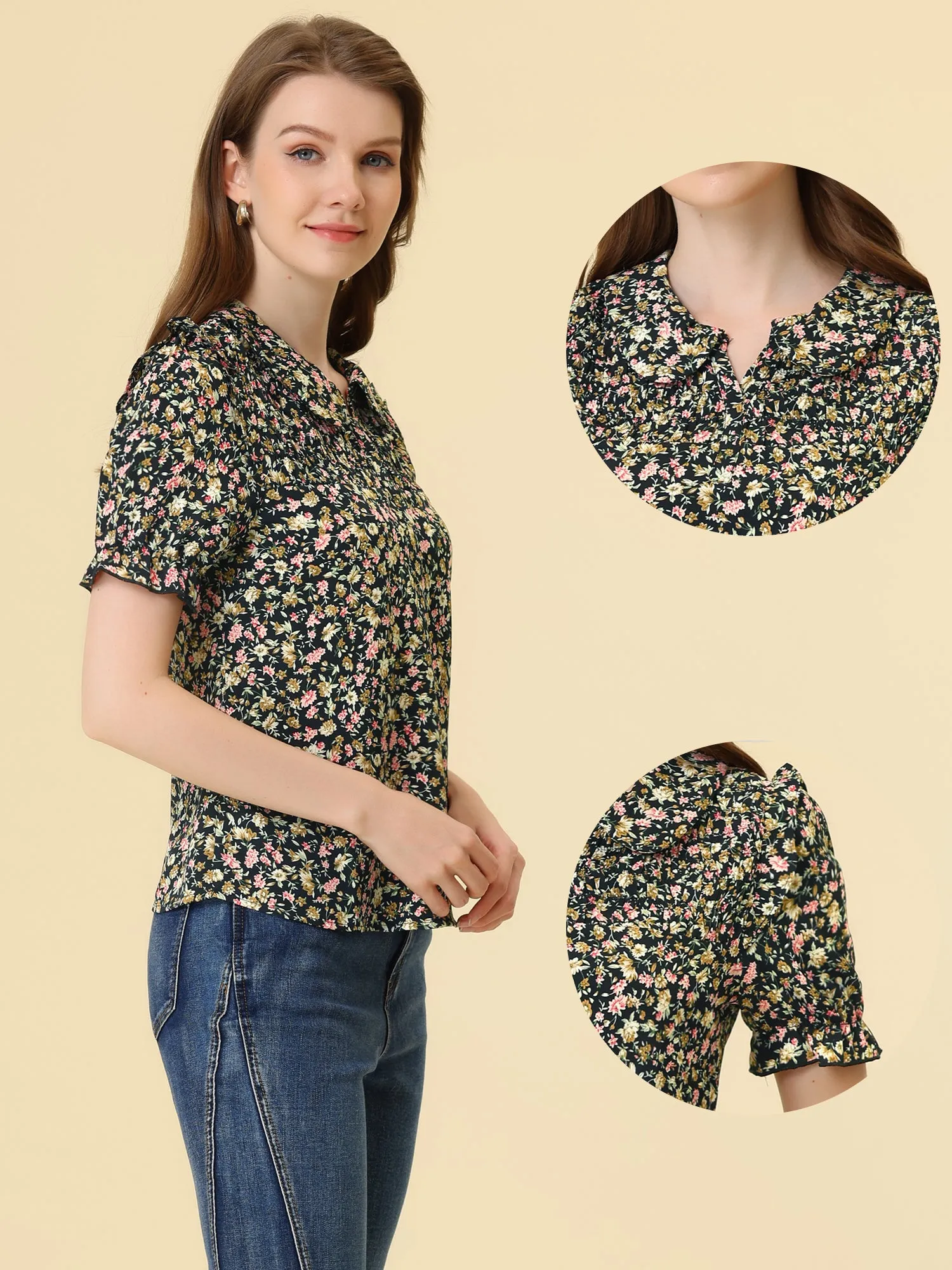 Peter Pan Collar Puff Short Sleeve Ruffle Smocked Floral Blouse sold by Allegra K product image thumbnail 2