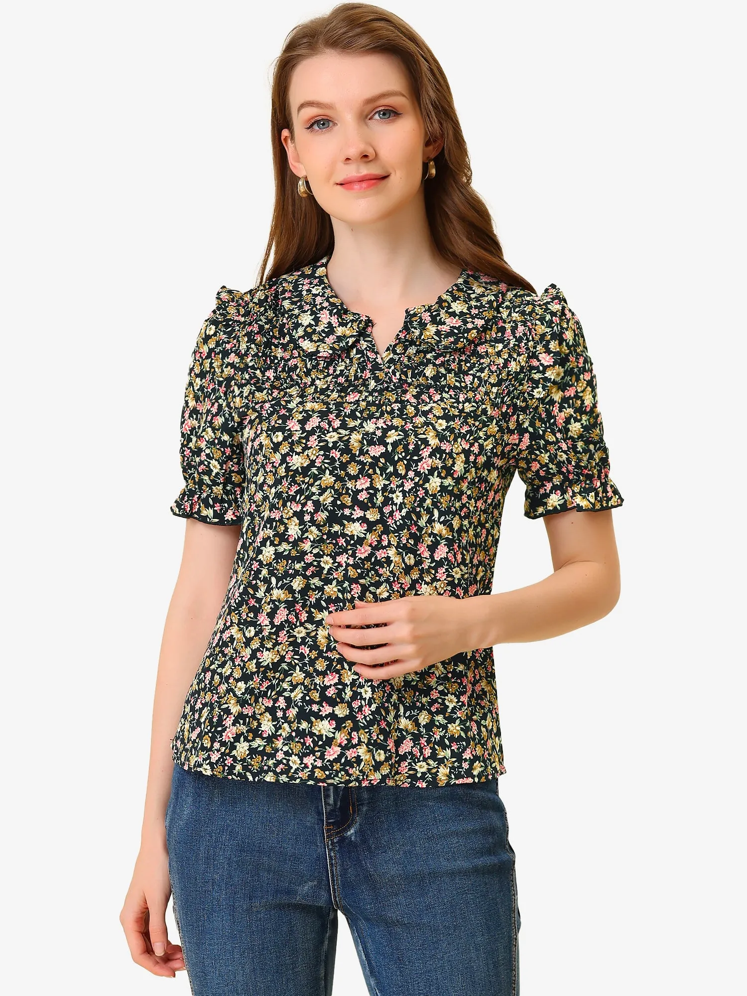 Peter Pan Collar Puff Short Sleeve Ruffle Smocked Floral Blouse sold by Allegra K