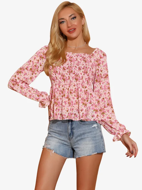Smocked Floral Printed Square Neck Chiffon Peplum Blouse Top sold by Allegra K