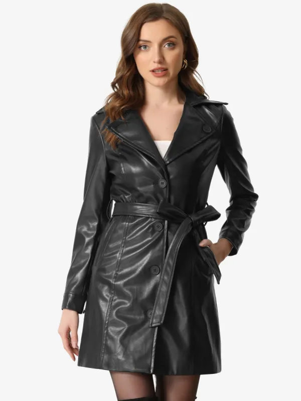 Faux Leather Notched Lapel Collar Button Down Steampunk PU Coat sold by Allegra K
