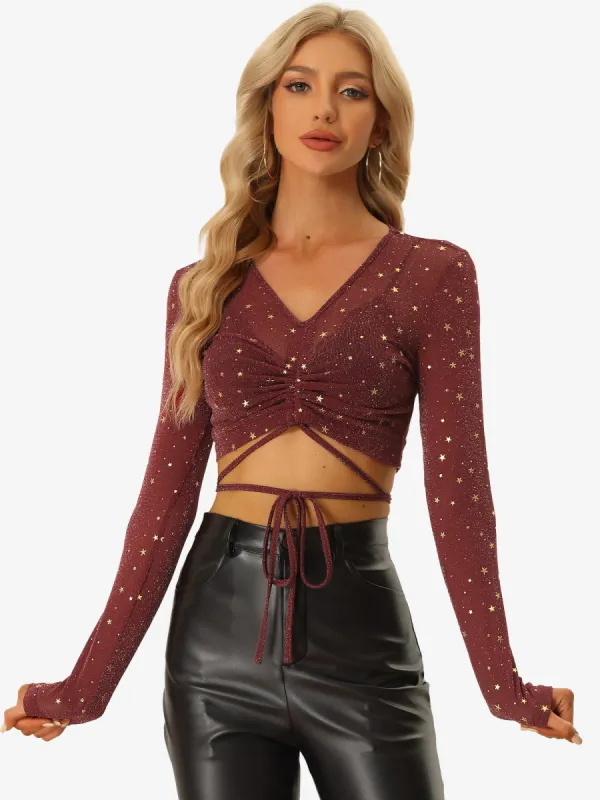 Party Tops Long Sleeve Mesh Sheer Self-tie Shimmer Blouse sold by Allegra K
