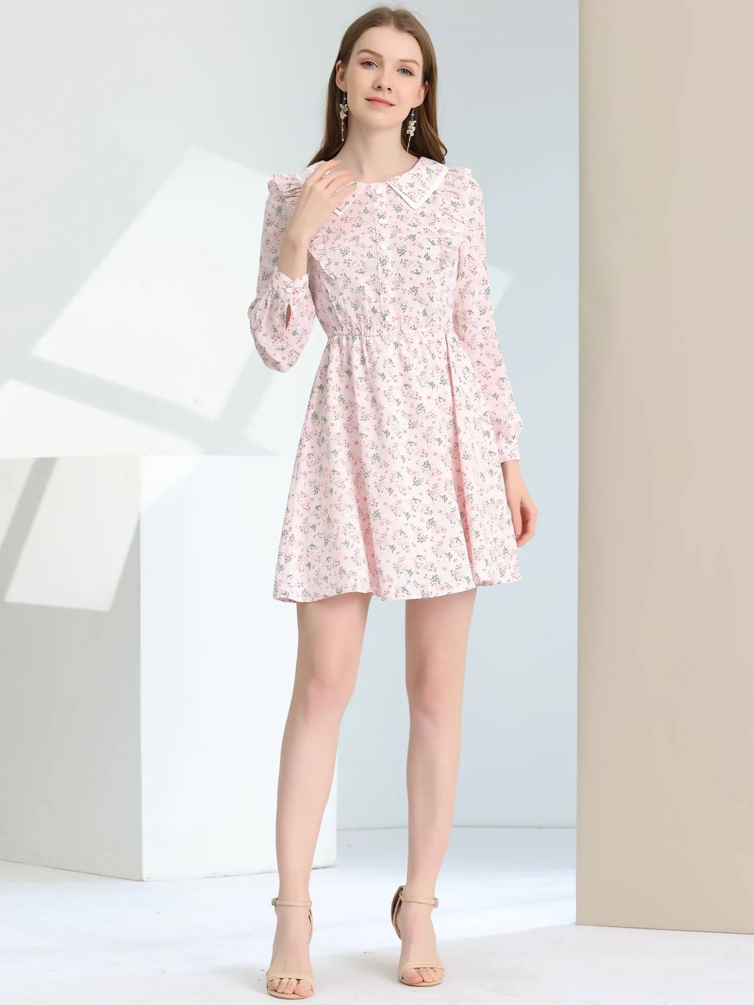 Floral Ruffle Trim Doll Collar Smocked Waist A-line Dress sold by Allegra K product image thumbnail 4