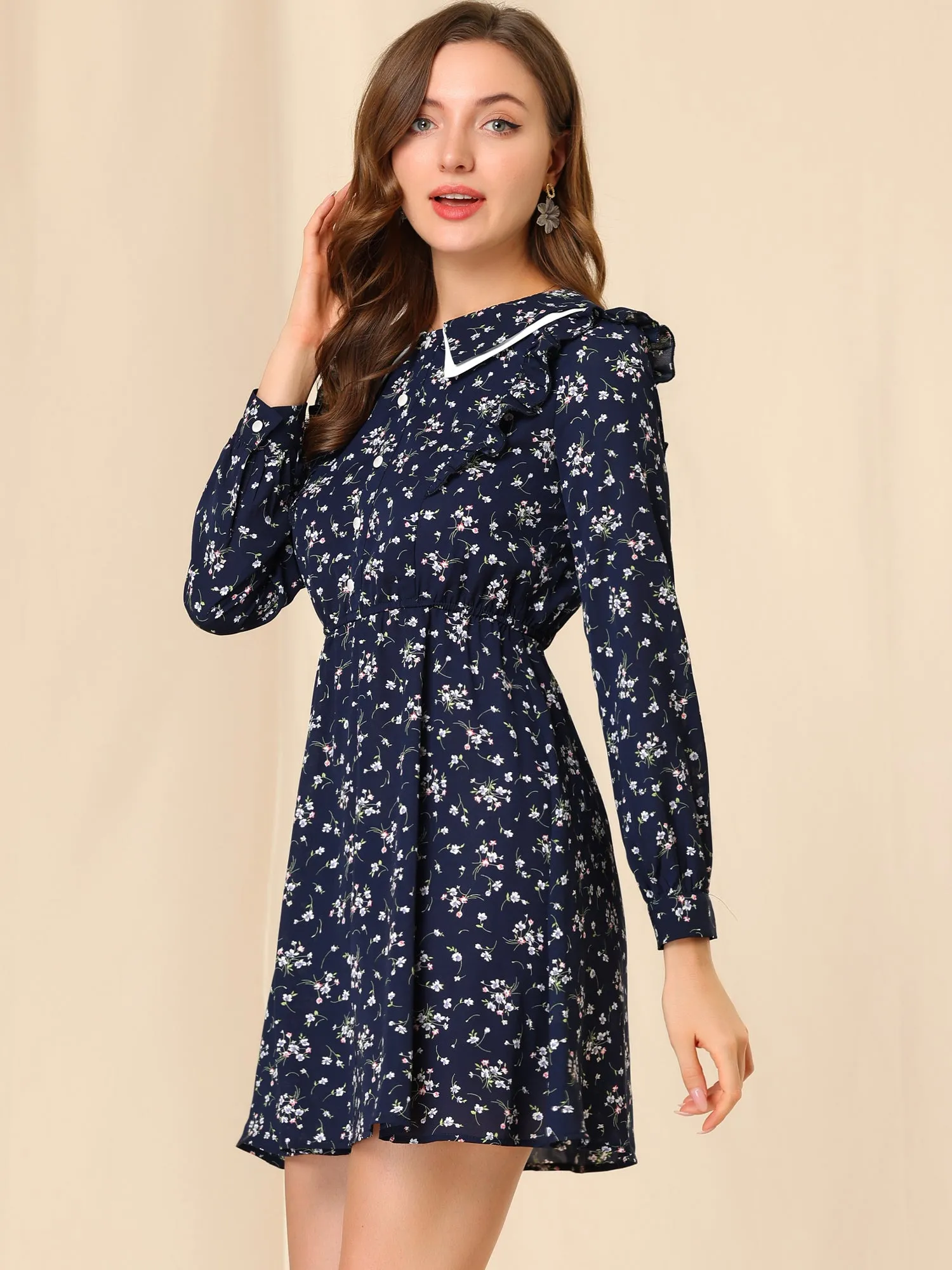 Floral Ruffle Trim Doll Collar Smocked Waist A-line Dress sold by Allegra K