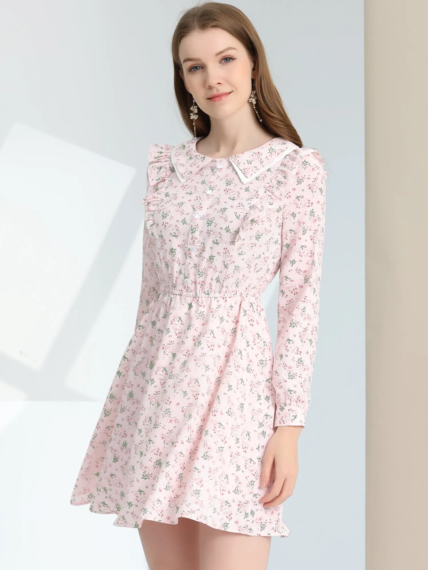 Floral Ruffle Trim Doll Collar Smocked Waist A-line Dress sold by Allegra K product image thumbnail 3