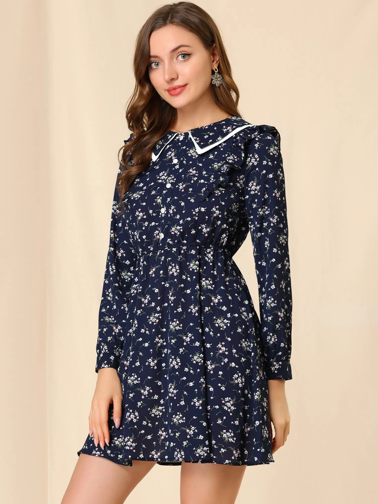 Floral Ruffle Trim Doll Collar Smocked Waist A-line Dress sold by Allegra K product image thumbnail 5