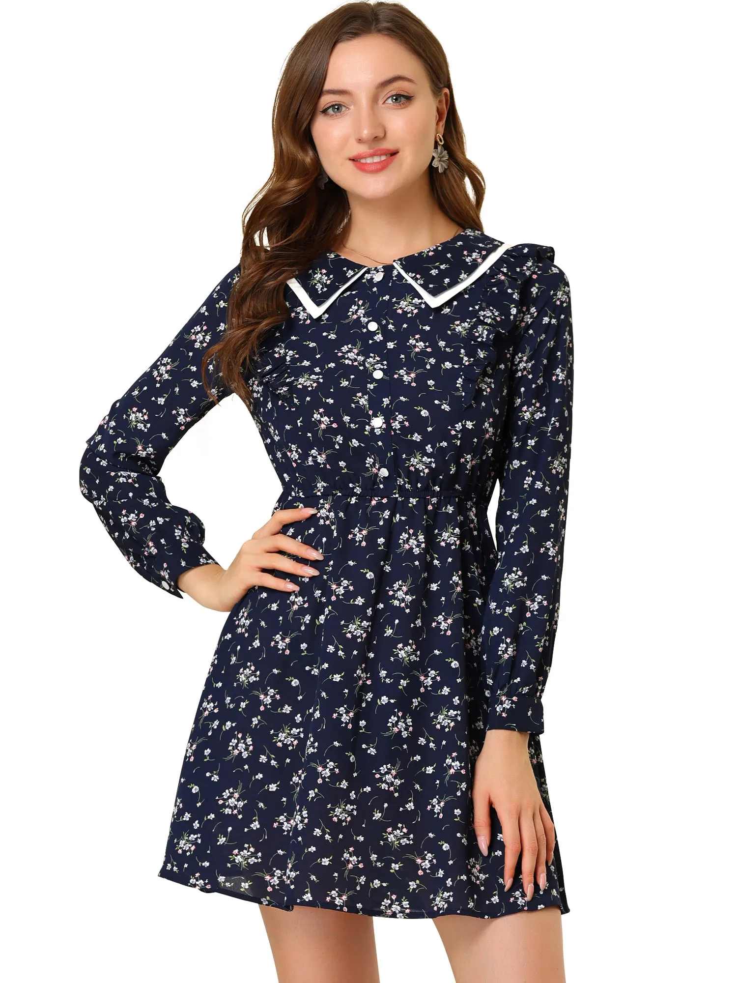 Floral Ruffle Trim Doll Collar Smocked Waist A-line Dress sold by Allegra K product image thumbnail 2