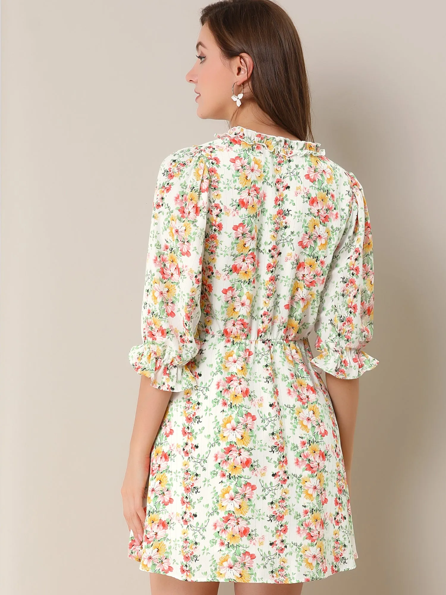 Ruffle Elastic Waist Puff Sleeve A-Line Floral Print Flowy Dress sold by Allegra K product image thumbnail 5