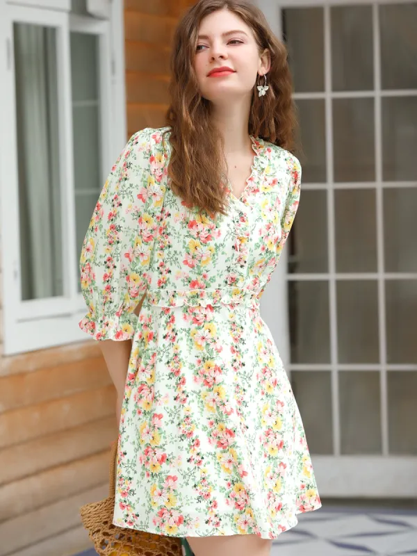 Ruffle Elastic Waist Puff Sleeve A-Line Floral Print Flowy Dress sold by Allegra K