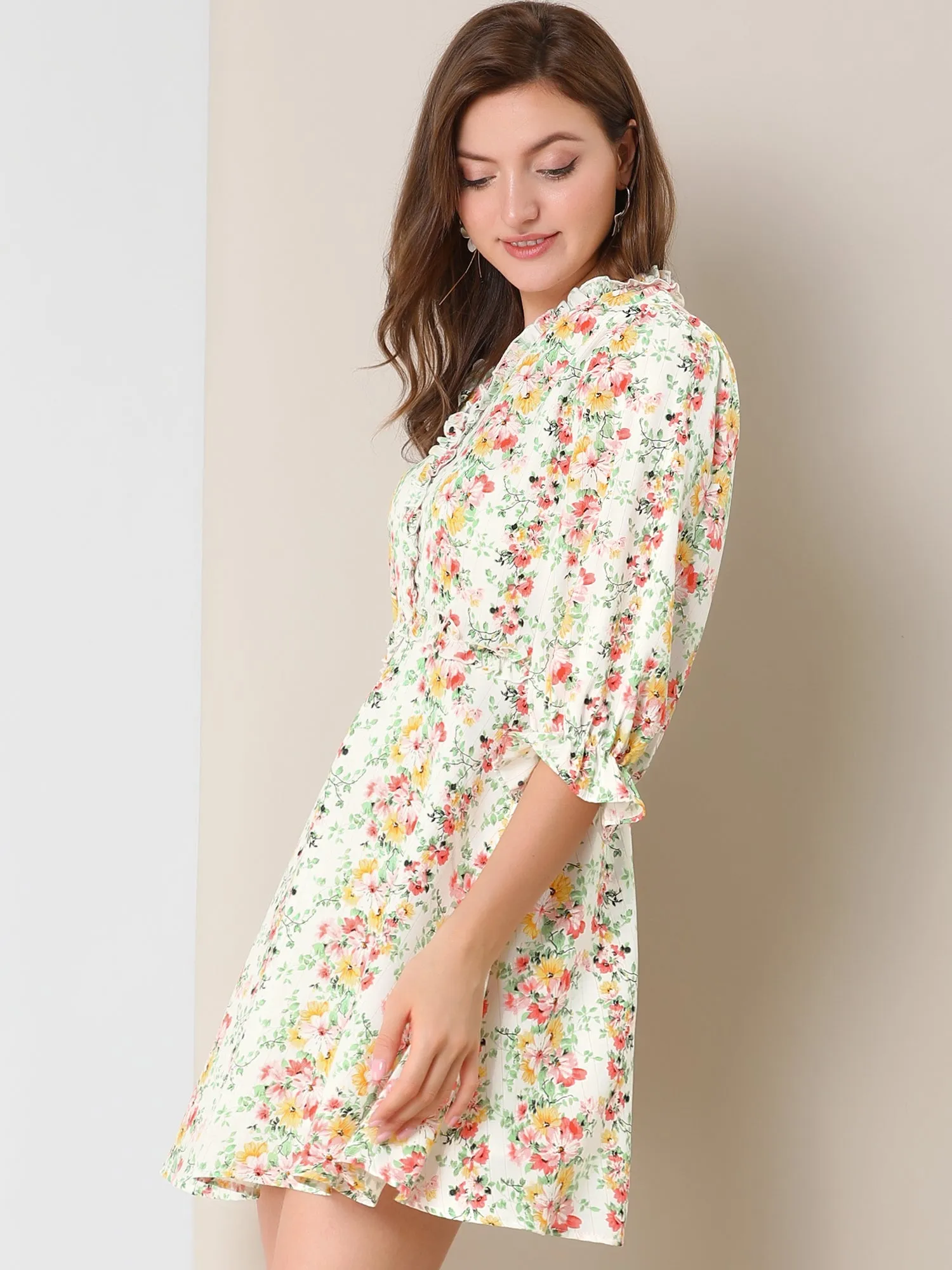 Ruffle Elastic Waist Puff Sleeve A-Line Floral Print Flowy Dress sold by Allegra K product image thumbnail 3