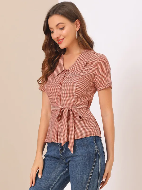 Elegant Plaid Turn Down Collar Belted Short Sleeve Blouse sold by Allegra K