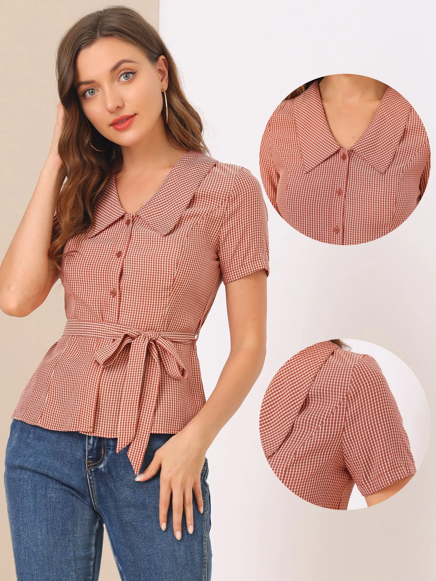 Elegant Plaid Turn Down Collar Belted Short Sleeve Blouse sold by Allegra K product image thumbnail 2