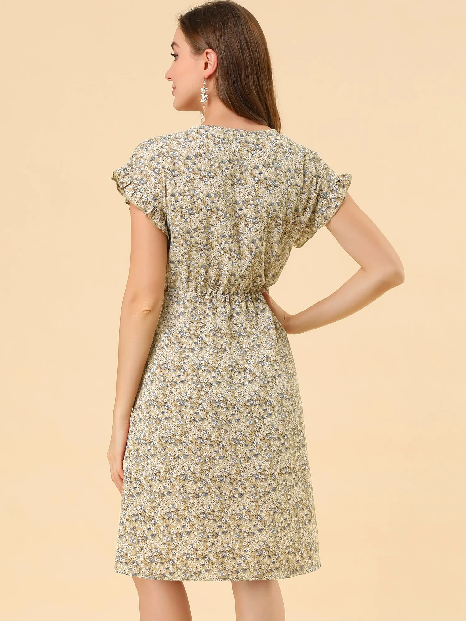 Ditsy Floral V Neck Ruffle Flutter Sleeve Midi Wrap Dress sold by Allegra K product image thumbnail 5