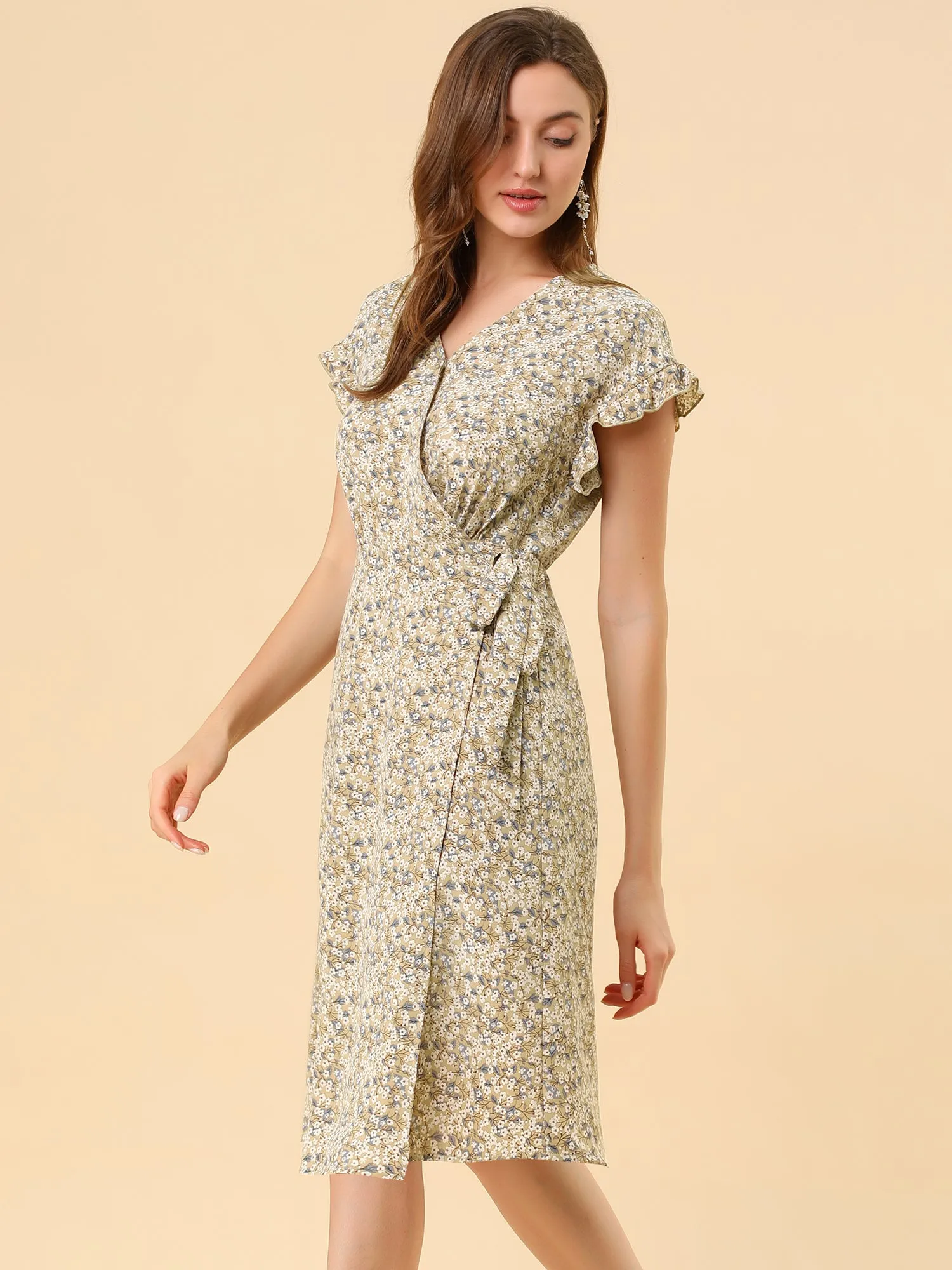 Ditsy Floral V Neck Ruffle Flutter Sleeve Midi Wrap Dress sold by Allegra K product image thumbnail 4