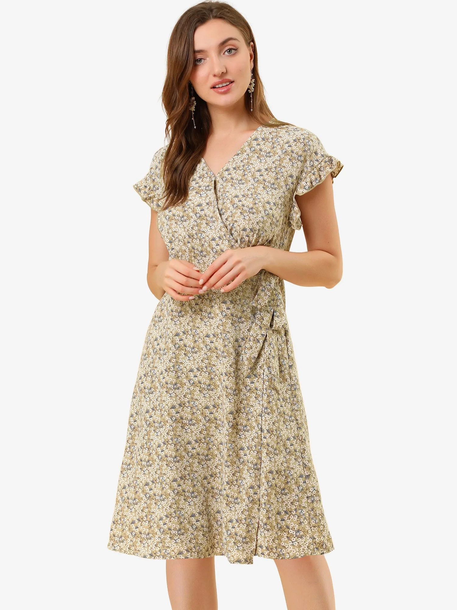 Ditsy Floral V Neck Ruffle Flutter Sleeve Midi Wrap Dress sold by Allegra K