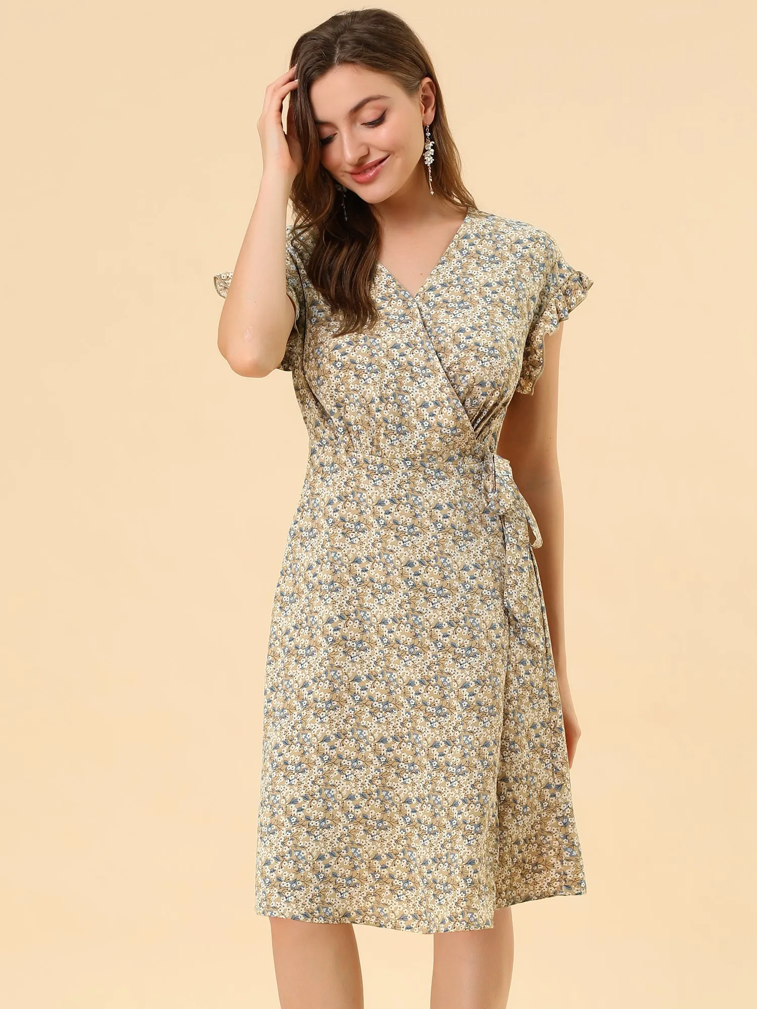 Ditsy Floral V Neck Ruffle Flutter Sleeve Midi Wrap Dress sold by Allegra K product image thumbnail 3