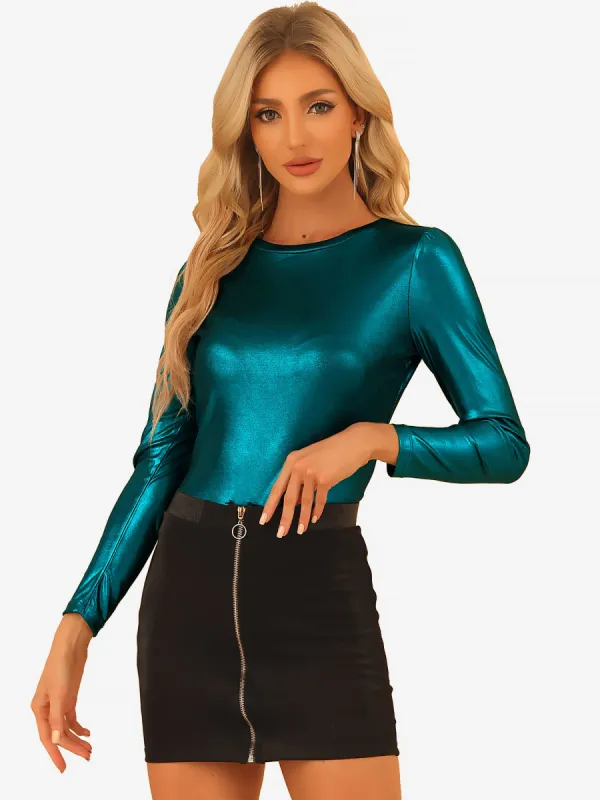 Long Sleeve Sparkly Party Glitter Shiny Metallic Blouse sold by Allegra K