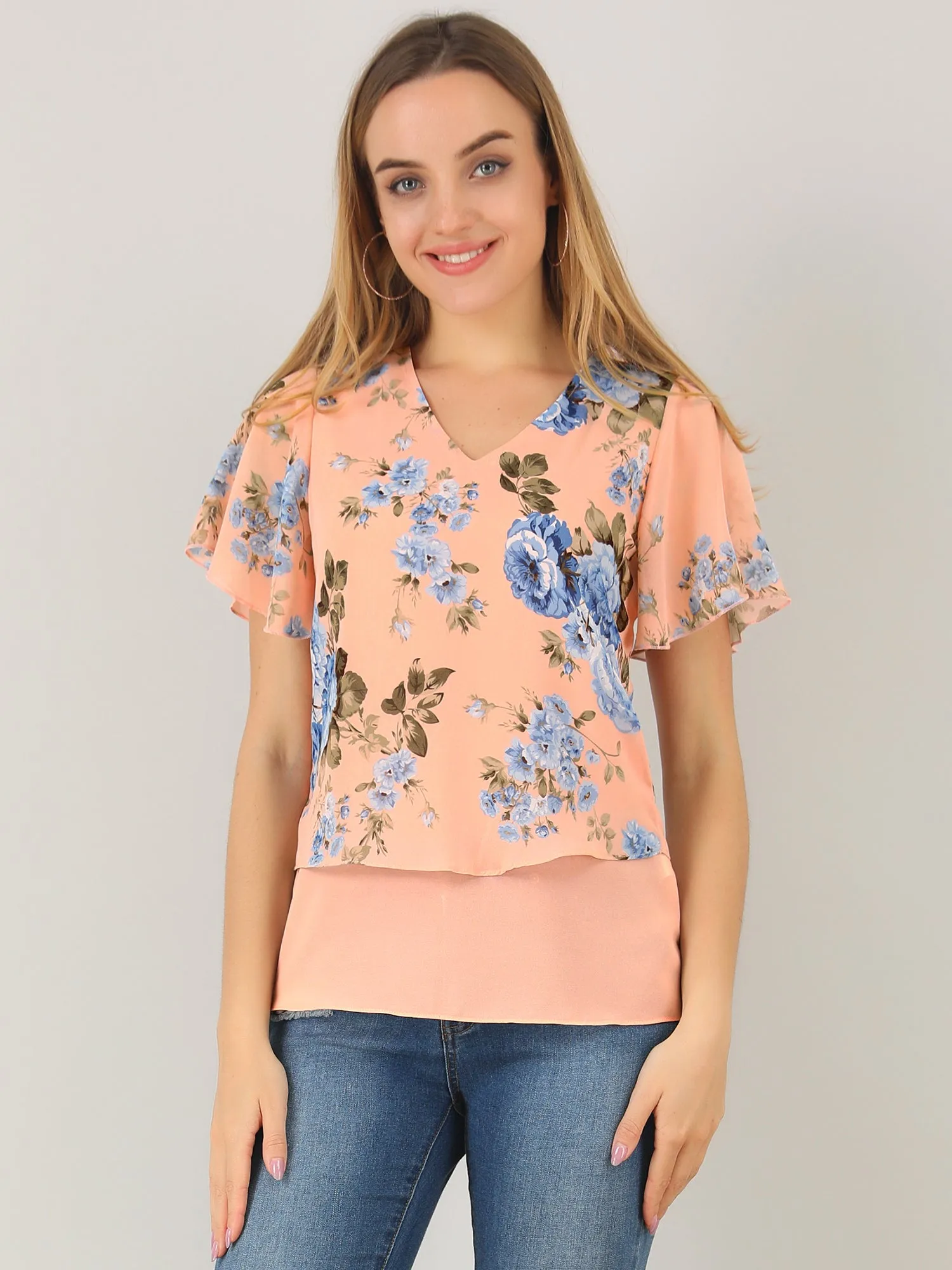 Overlay Layered Poncho Chiffon Floral Blouse Top sold by Allegra K product image thumbnail 2
