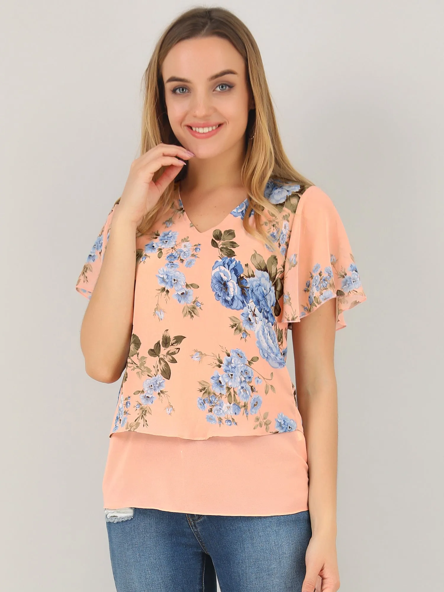 Overlay Layered Poncho Chiffon Floral Blouse Top sold by Allegra K