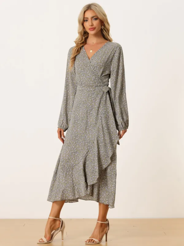 Floral Long Sleeve Wrap Tie Waist Ruffle Split Hem Boho Maxi Dress sold by Allegra K