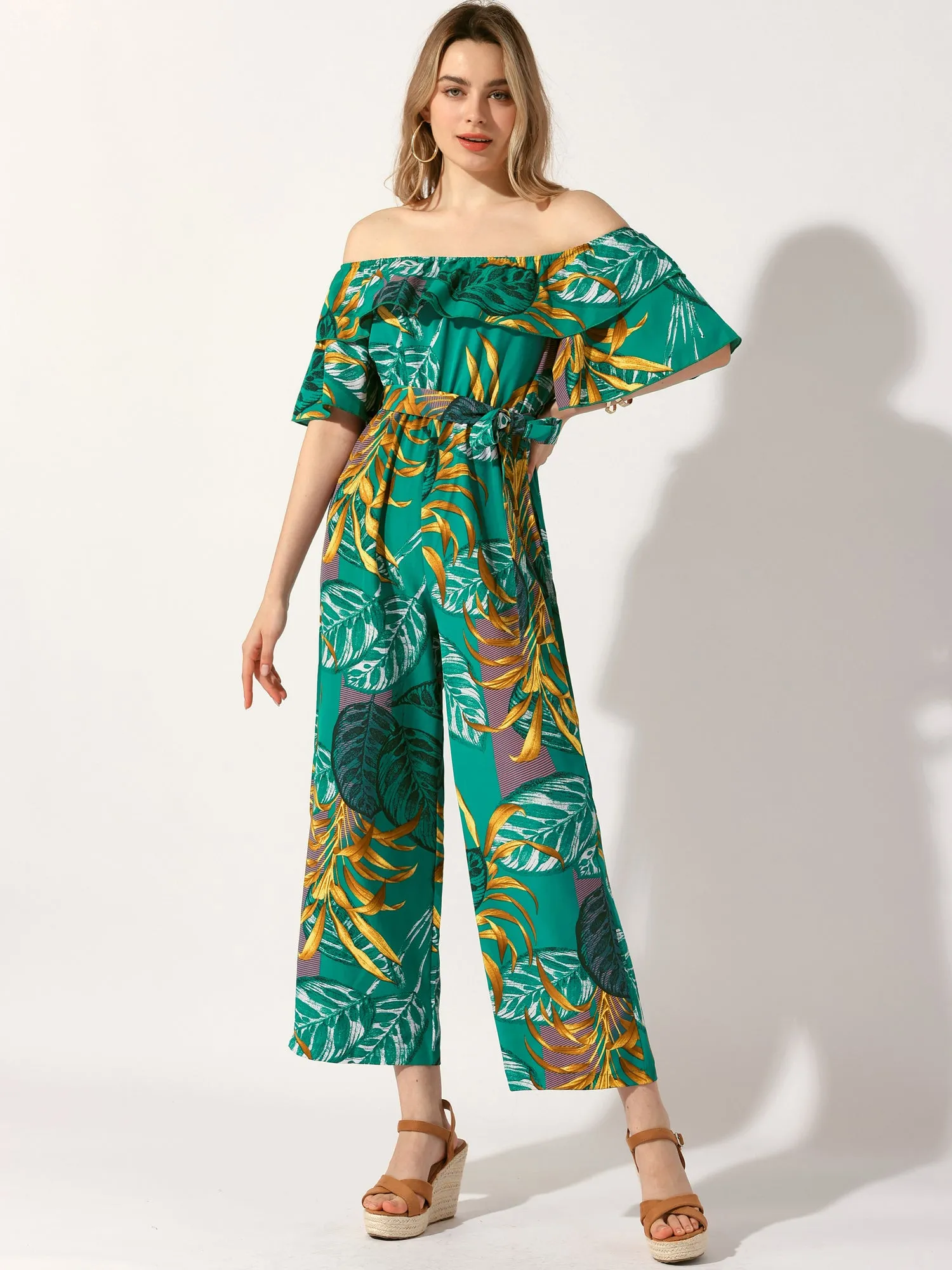 Tropical Floral Off Shoulder Ruffle Wide Leg Belted Jumpsuit sold by Allegra K