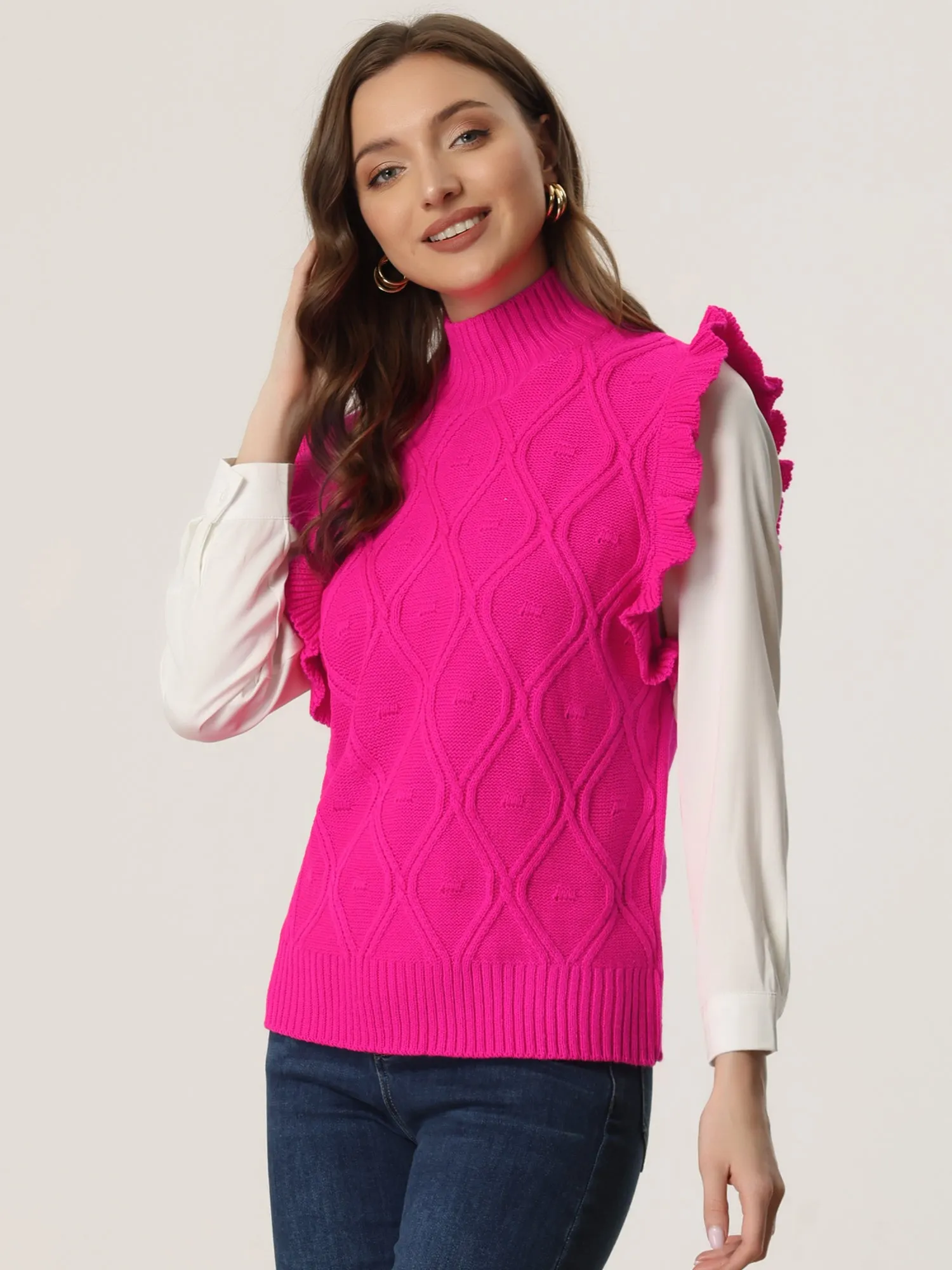 Ruffled Sleeve Mock Neck Casual Cable Knit Pullover Sweater Vest sold by Allegra K product image thumbnail 3