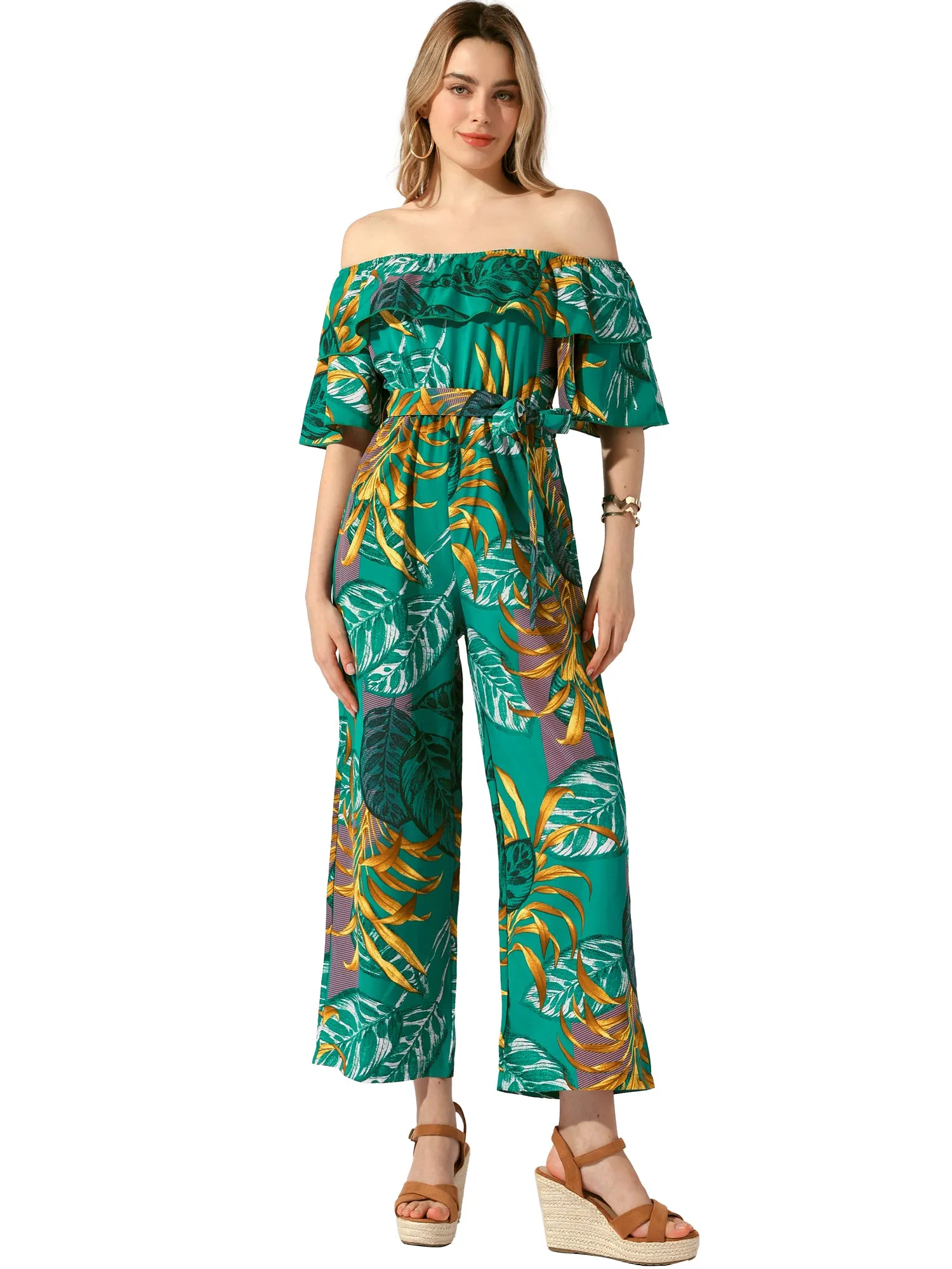 Tropical Floral Off Shoulder Ruffle Wide Leg Belted Jumpsuit sold by Allegra K product image thumbnail 4