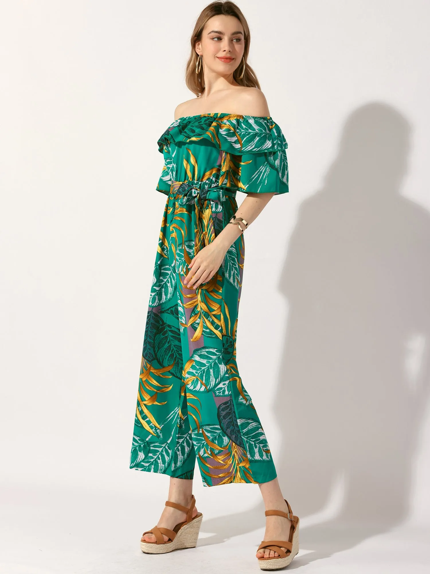 Tropical Floral Off Shoulder Ruffle Wide Leg Belted Jumpsuit sold by Allegra K product image thumbnail 2