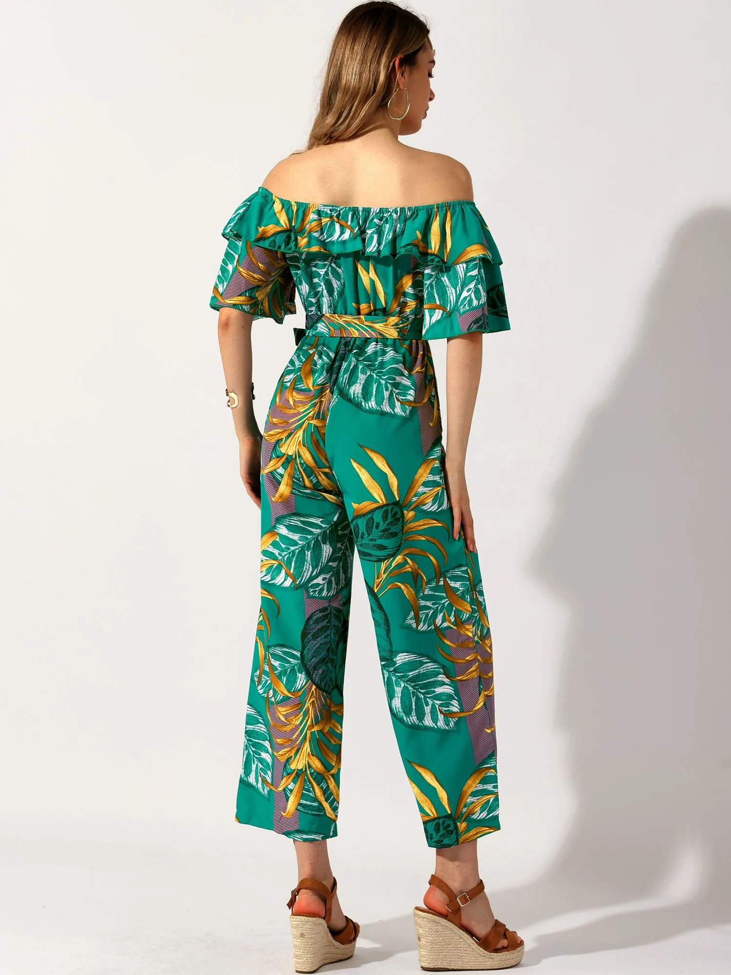 Tropical Floral Off Shoulder Ruffle Wide Leg Belted Jumpsuit sold by Allegra K product image thumbnail 3