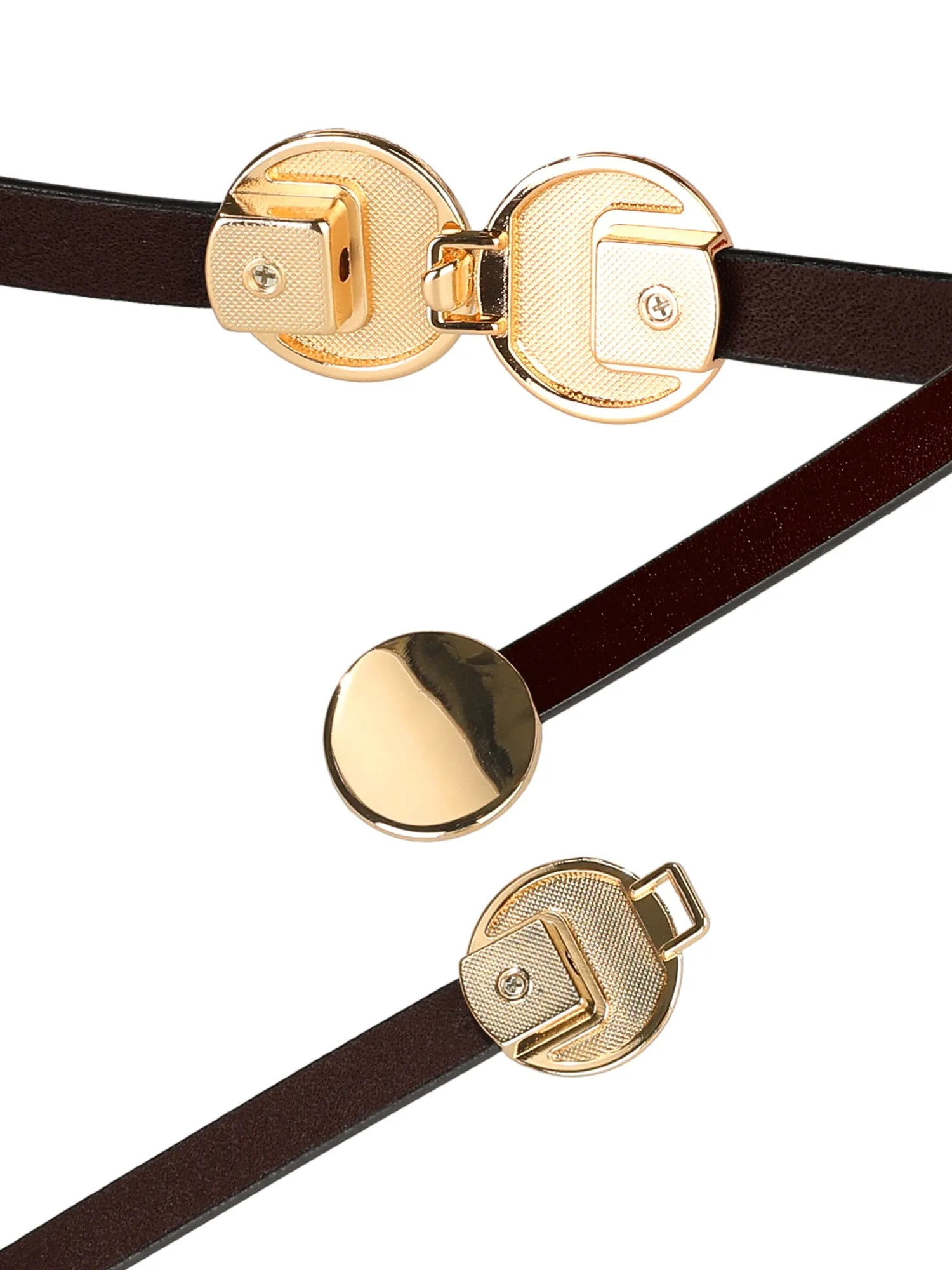 Ladies Skinny Round Golden Interlock Buckle Dress Pants Belt sold by Allegra K