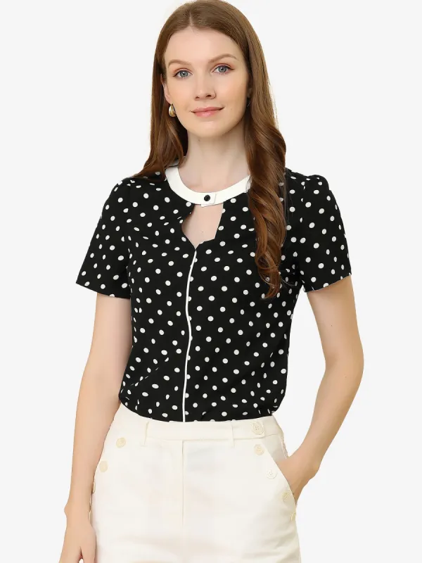 Short Sleeve Contrast Round Neck Keyhole Polka Dot Blouse sold by Allegra K