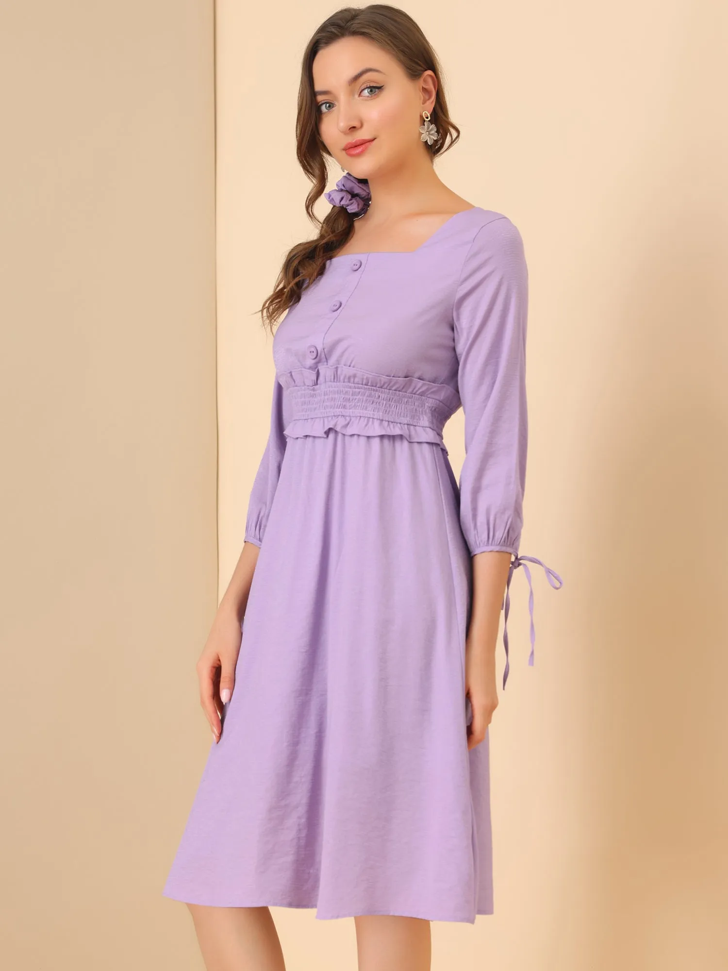 Square Neck Tie Cuff Sleeve Button Ruffle Smocked Waist Midi Dress sold by Allegra K product image thumbnail 3