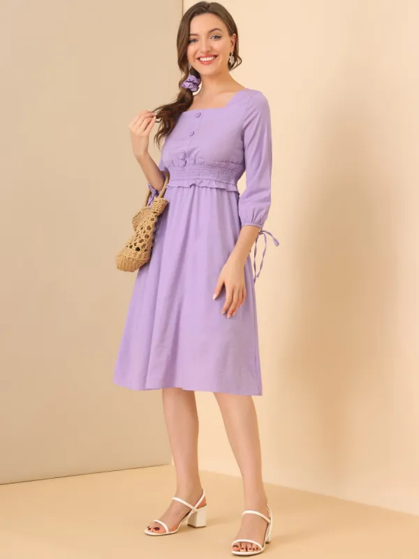 Square Neck Tie Cuff Sleeve Button Ruffle Smocked Waist Midi Dress made by Allegra K