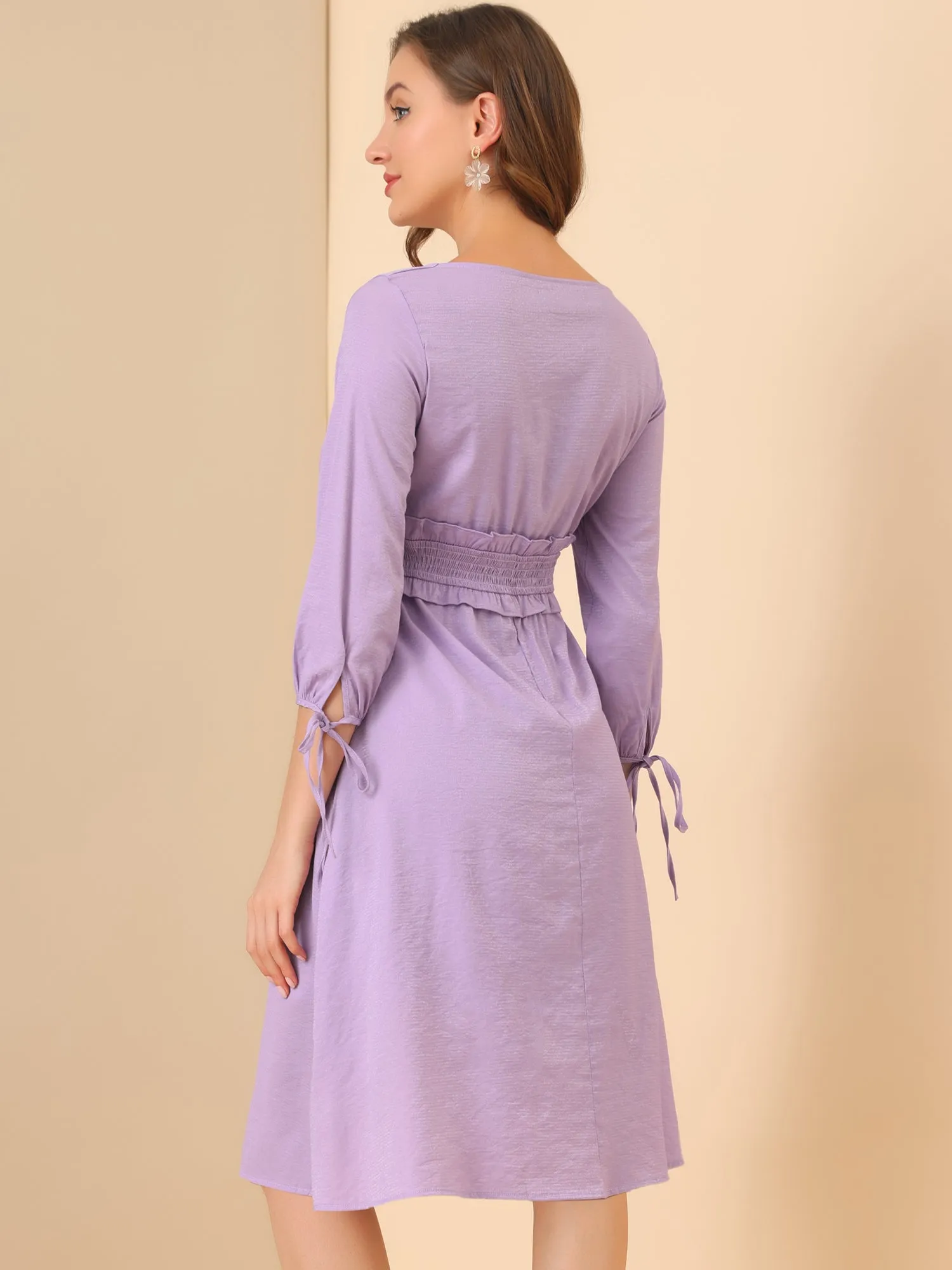 Square Neck Tie Cuff Sleeve Button Ruffle Smocked Waist Midi Dress sold by Allegra K product image thumbnail 4
