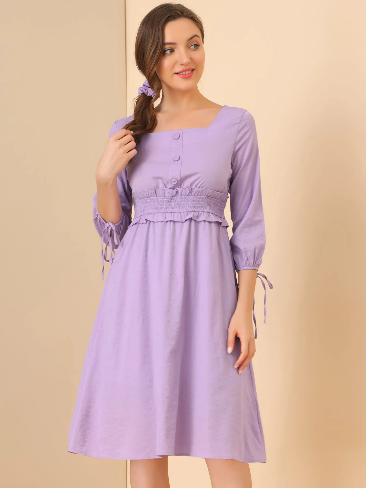 Square Neck Tie Cuff Sleeve Button Ruffle Smocked Waist Midi Dress sold by Allegra K product image thumbnail 2