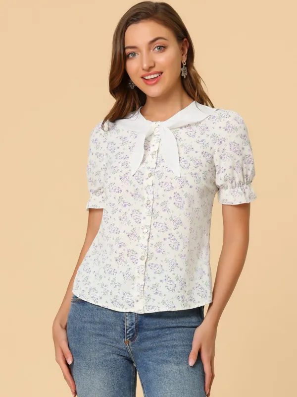 Floral Blouse Bow Tie Neck Puff Short Sleeve Vintage Ruffle Top sold by Allegra K