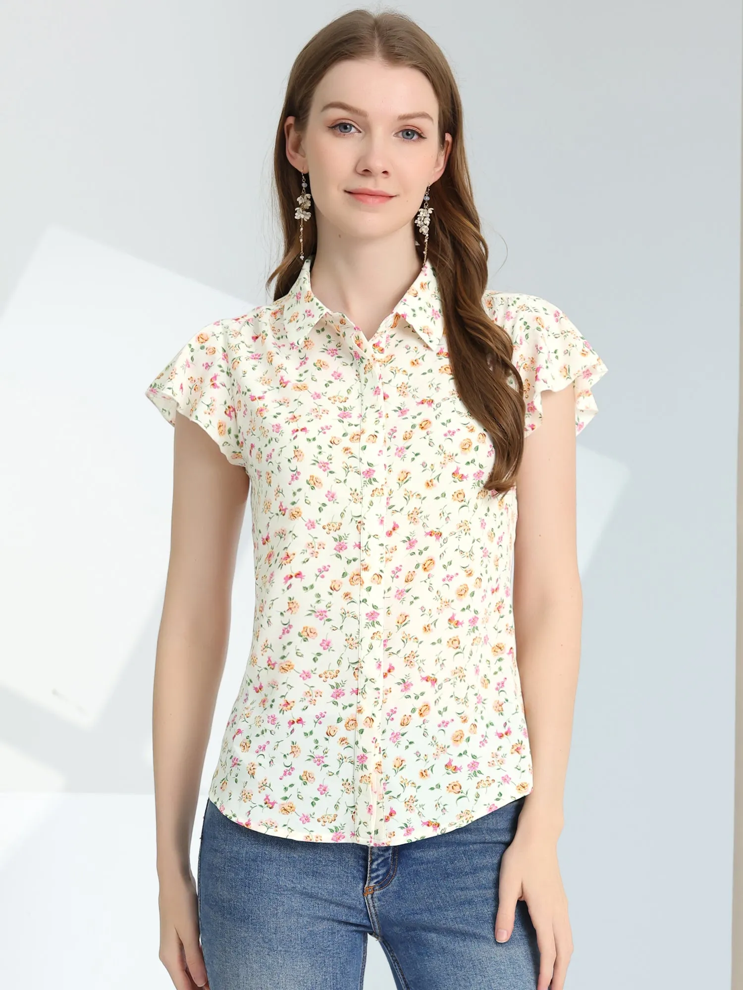 Summer Floral Collared Flare Short Sleeve Button Down Blouse sold by Allegra K product image thumbnail 2