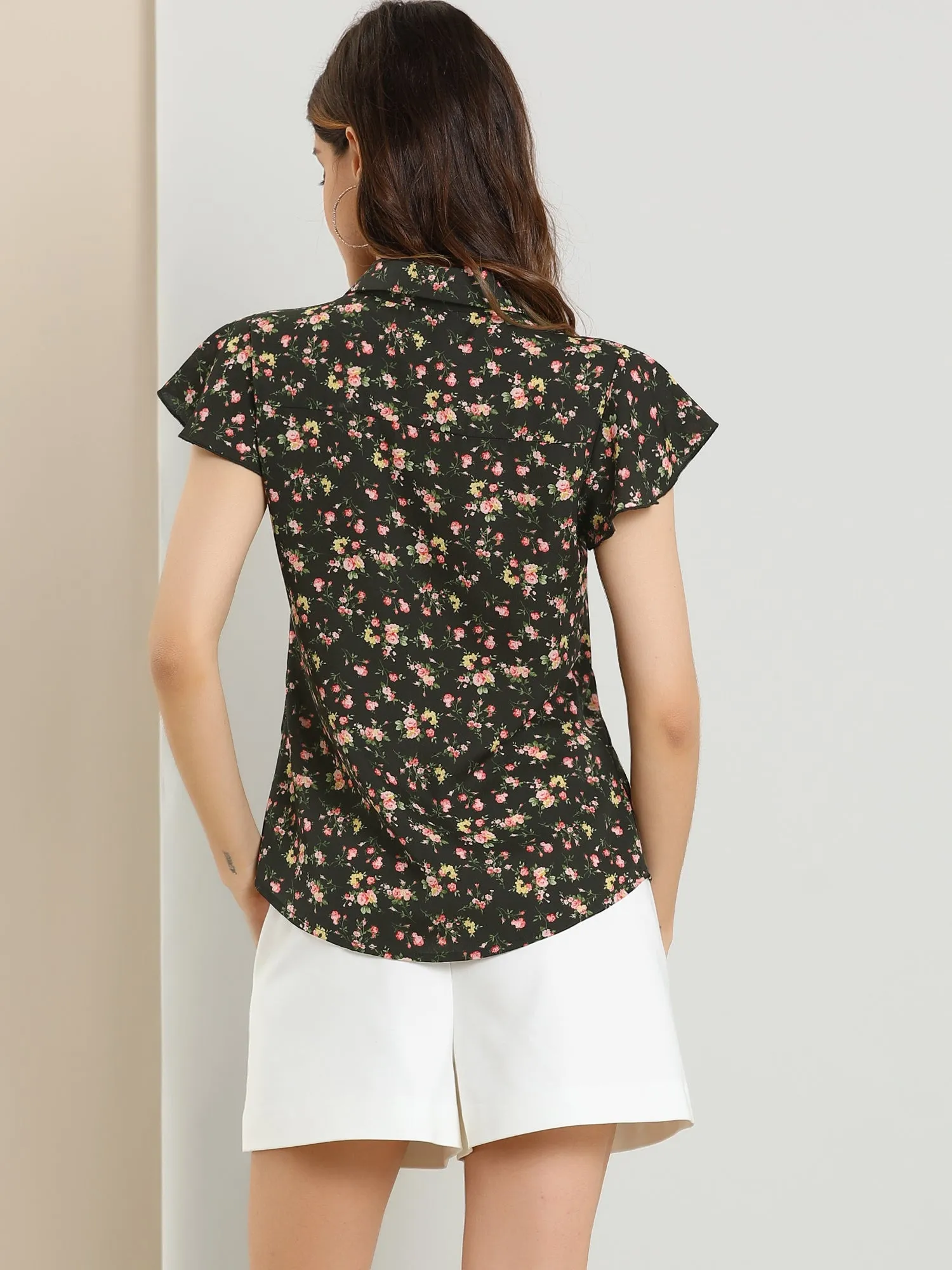 Summer Floral Collared Flare Short Sleeve Button Down Blouse sold by Allegra K product image thumbnail 5