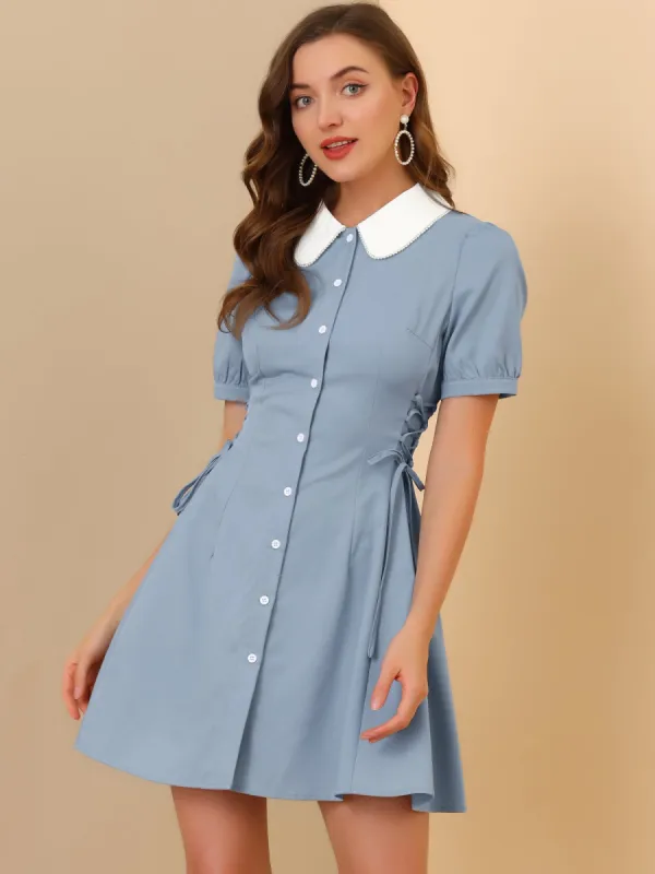 Vintage Peter Pan Collar Lace Up Button Down Dress sold by Allegra K