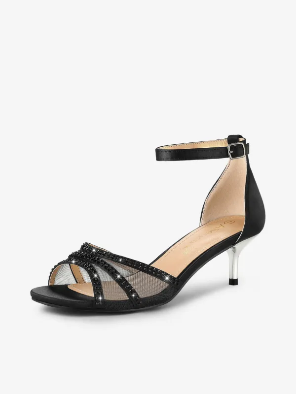 Satin Rhinestone Mesh Kitten Heel Ankle Strap Sandals sold by Allegra K