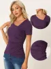 Knit Button Decor Short Sleeve Irregular Neck Ruched Side Blouse sold by Allegra K