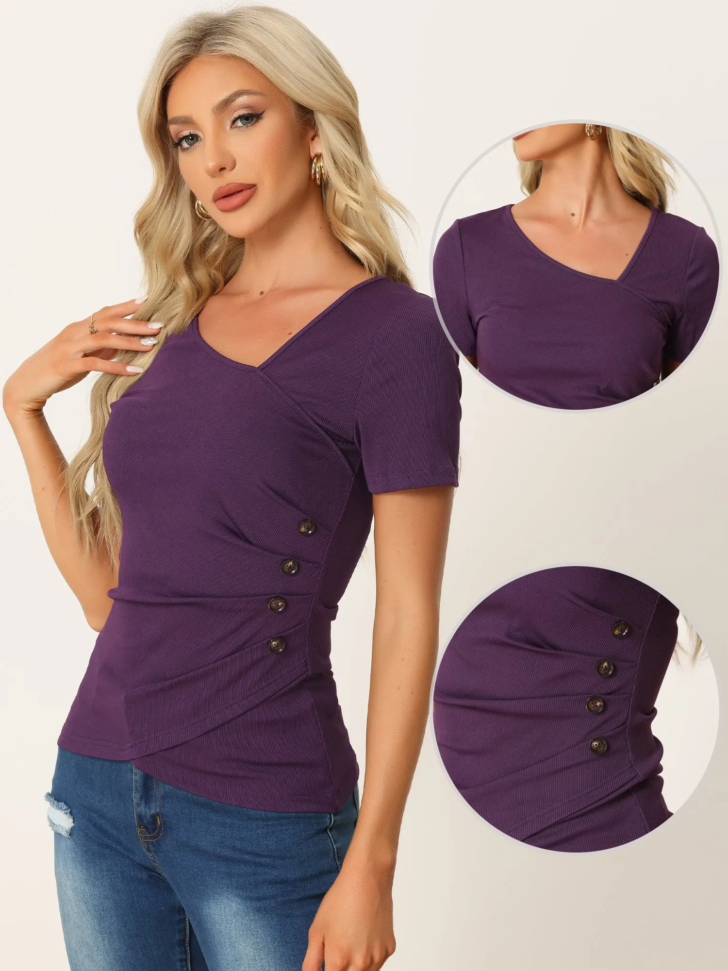 Knit Button Decor Short Sleeve Irregular Neck Ruched Side Blouse sold by Allegra K product image thumbnail 2