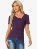 Knit Button Decor Short Sleeve Irregular Neck Ruched Side Blouse sold by Allegra K